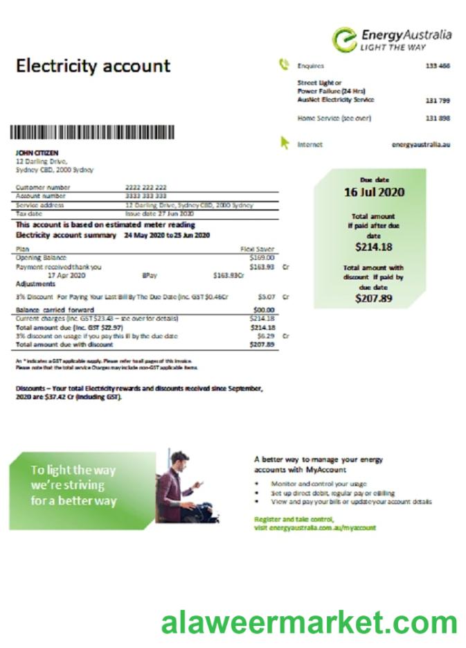 Australia Energy Australia electricity utility bill template in Word and PDF format